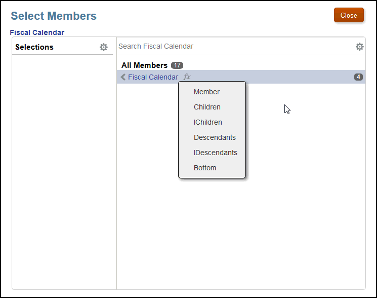 「メンバーの選択」ダイアログ・ボックスで、データ権限に含めるメンバーと子を選択できます。
