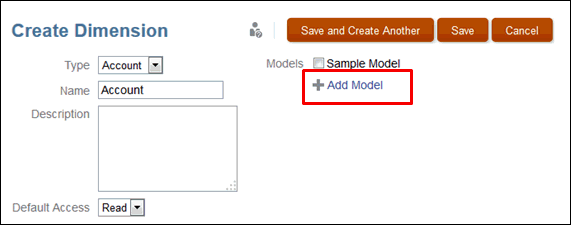 「ディメンションの作成」ダイアログ・ボックスで「モデルの追加」を選択します。