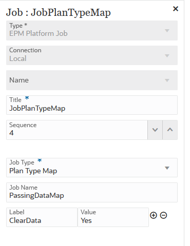 イメージは「EPMプラットフォーム・ジョブ」タイプの「プラン・タイプ・マップ」ジョブのパラメータを示します。