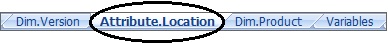 作業中のExcelアプリケーション・テンプレートのワークシート・タブに、属性ディメンションの命名規則「Attribute.<attribute_name>」が表示されています。「Location」属性ディメンションのタブ「Attribute.Location」がフォーカスされています