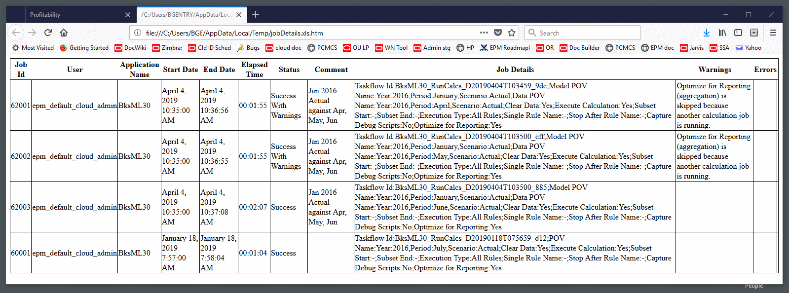 この画面は、Microsoft Excelへのエクスポート用にフォーマットされた、各ジョブの詳細情報を示しています。