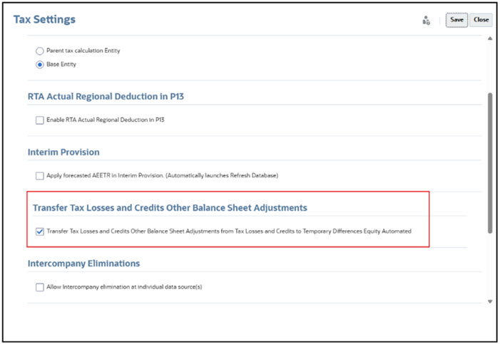 課税損失および税額控除のその他貸借対照表調整を、課税損失および税額控除から一時差異株主資本自動化に移転します
