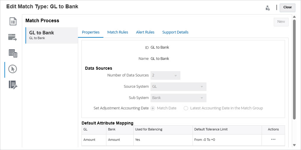 은행 - GL 계정에 대한 일치 프로세스 등록정보의 예