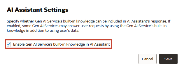 [AI Assistant에서 생성형 AI 서비스의 내장 지식 사용]이 선택된 상태로 열린 AI Assistant 설정 프롬프트