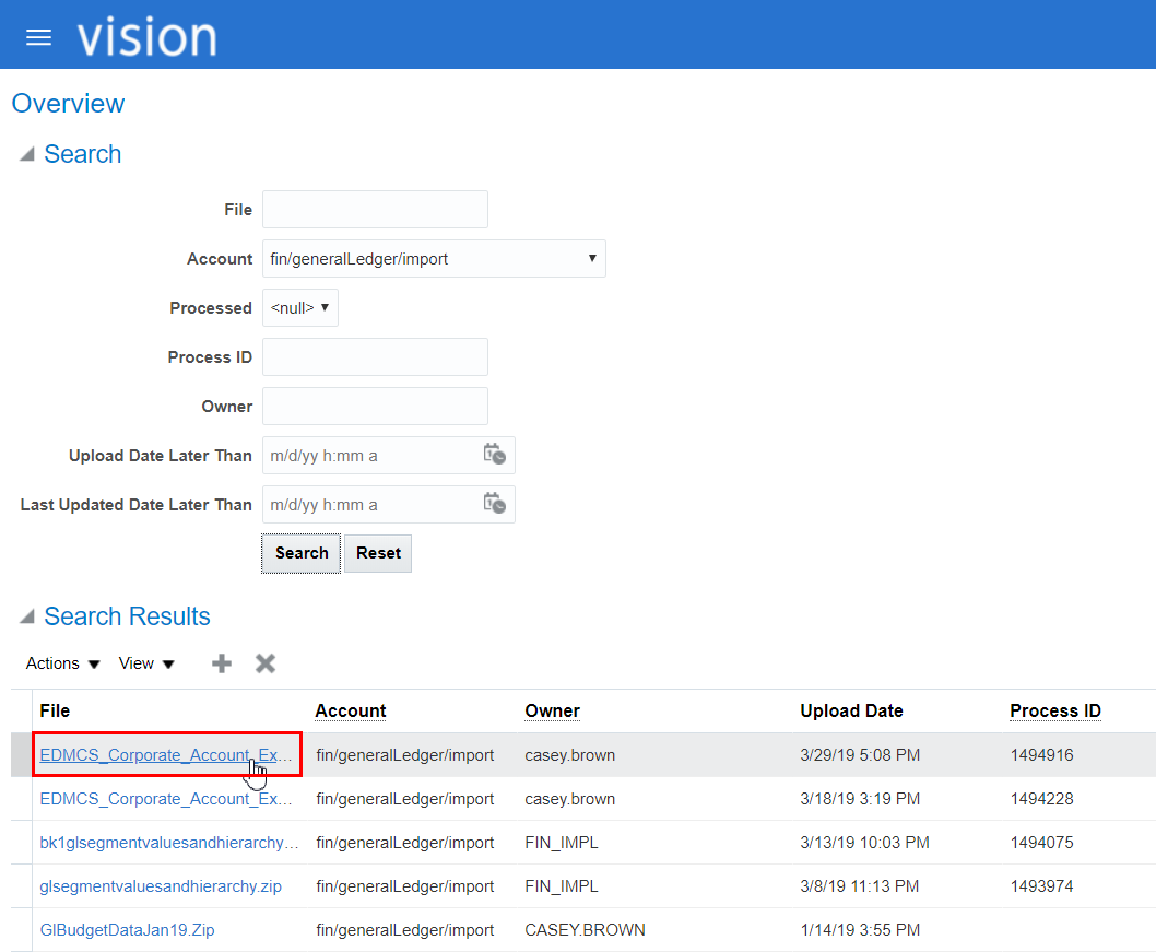 검색 결과에서 EDMCS_Corporate_Account_Export_031819 파일을 표시하는 스크린샷