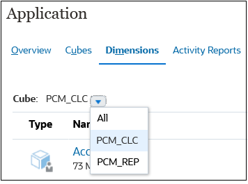 PCM_CLC 큐브가 선택된 큐브 드롭다운 목록