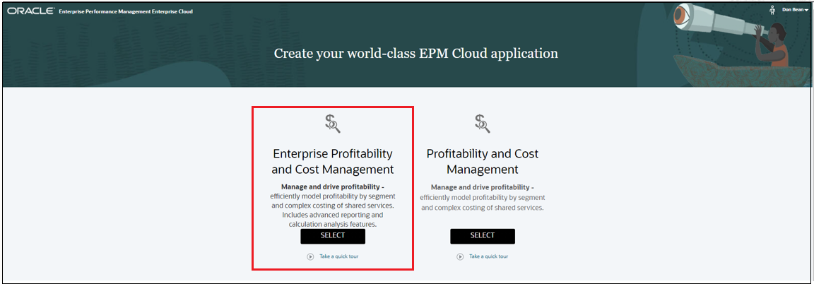 Enterprise Profitability and Cost Management가 선택된 랜딩 페이지