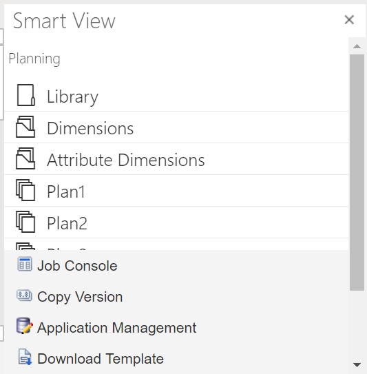 차원 폴더 및 속성 차원 폴더가 표시된 초기 Smart View 홈 패널