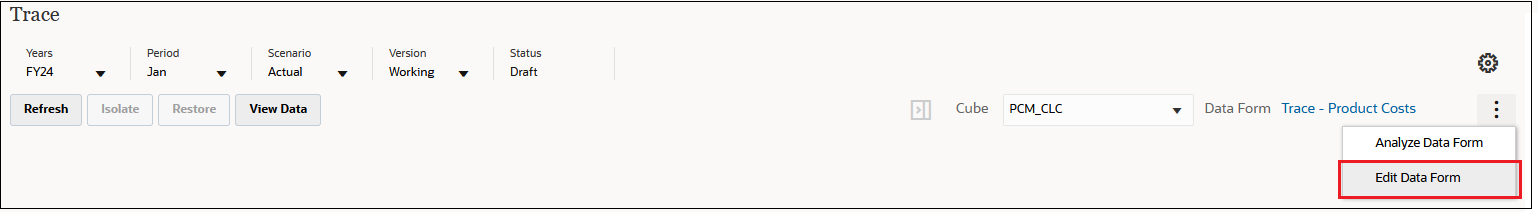 추적 편집 데이터 양식 메뉴 옵션