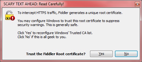 HTTPS traffic을 가로채는 데 사용되는 루트 인증서에 대한 정보를 포함하는 Fiddler 대화상자