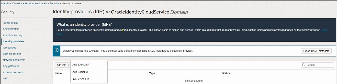 SAML Idp 추가 화면