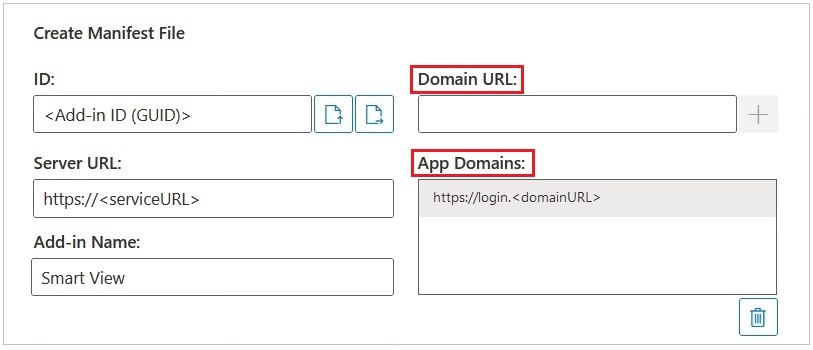 [매니페스트 생성] 페이지의 [도메인 URL] 및 [애플리케이션 도메인] 필드 강조 표시