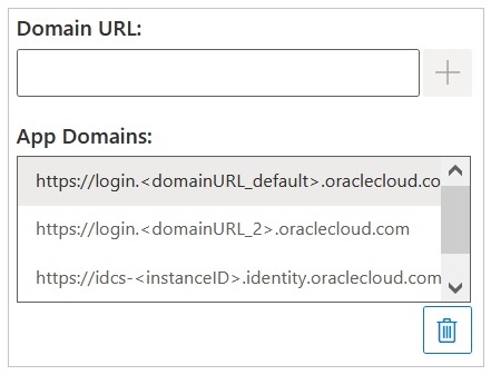 두 개의 로그인 URL(기본 로그인 URL, 한 개의 추가 로그인 URL) 및 IDCS URL이 나열된 애플리케이션 도메인 필드