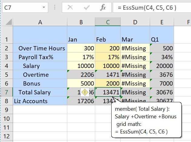 2월 열에 초과 근무 시간, 급여 소득세 %, 급여, 보너스 셀의 값이 입력되었습니다. 해당 셀은 더티로 표시됩니다. 이러한 값과 삽입된 멤버 공식에 따라 계산된 값이 2월의 총 급여 셀에 표시되고 툴팁에는 멤버 공식이 표시됩니다.