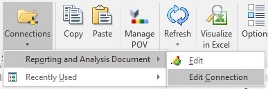 Smart View 리본의 연결 버튼, Reporting and Analysis 문서 옵션이 있는 드롭다운 메뉴가 확장된 상태로 표시되어 연결 편집 옵션이 선택된 것을 보여줍니다.