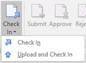 두 개의 옵션, 체크인과 업로드 및 체크인이 포함된 드롭다운 메뉴를 보여 주는 성과 보고 리본의 체크인 버튼입니다.