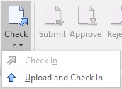 체크인과 업로드 및 체크인 명령이 있는 체크인 버튼의 드롭다운 메뉴를 표시합니다. doclet이 아직 업로드되지 않았으므로 체크인 옵션이 사용으로 설정되지 않았습니다.