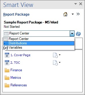 보고서 패키지 패널의 분배 옵션이 있는 드롭다운 메뉴