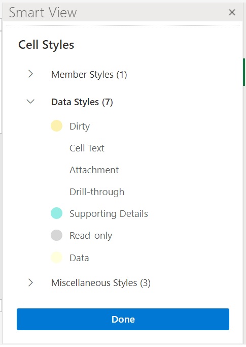 멤버, 데이터, 기타 세 가지 셀 유형이 표시된 셀 스타일 패널 데이터 스타일 섹션은 드릴스루, 첨부파일 등 다양한 셀 데이터 유형을 표시하도록 확장되었습니다.