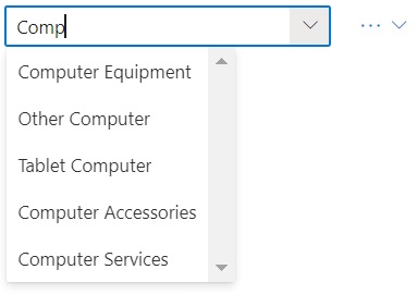 computer에 대해 필터링된 제품 차원 멤버를 보여 주는 차원 드롭다운 메뉴