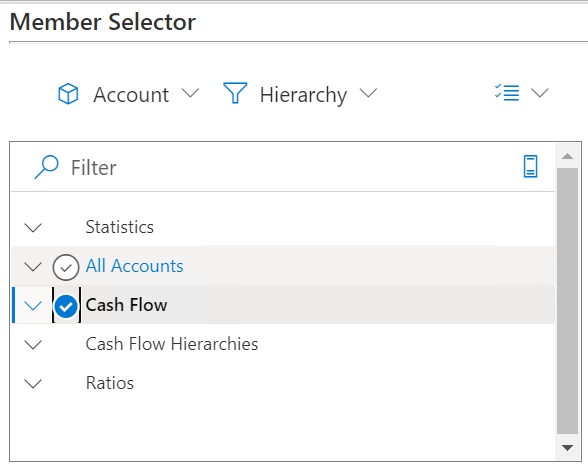 계정 차원의 멤버 목록을 보여줍니다. 현금 흐름 멤버는 선택되어 있으므로 해당 멤버 옆의 확인란이 파란색입니다. 모든 계정 멤버는 아직 선택되지 않았으며 해당 멤버 옆의 확인란이 회색이므로 해당 멤버를 커서로 가리키고 있음을 나타냅니다.