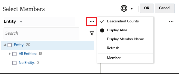 사용가능한 항목 메뉴 옵션이 표시된 멤버 선택 대화상자
