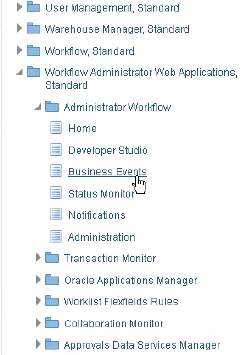 E-Business Suite 관리자 워크플로우, 비즈니스 이벤트 선택사항의 스크린샷