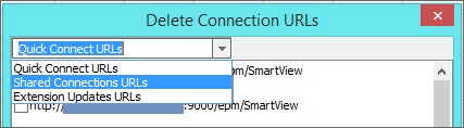 Een fragment van het dialoogvenster Verbindings-URL's verwijderen, waarin het dropdownmenu van het tekstvak wordt weergegeven met de optie URL's extensie-updates geselecteerd
