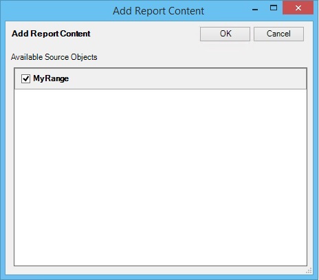 Het dialoogvenster Rapportinhoud toevoegen waarin één bereik beschikbaar is en is geselecteerd.