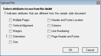 Het dialoogvenster Bestand uploaden waarin gebruikers docletkenmerken selecteren om kenmerken uit het voorbeeldstijldocument te overschrijven.