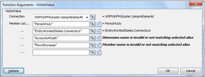 Het dialoogvenster Functieargumenten van Functiebuilder voor de functie HsGetValue Er staan fouten in de syntaxis voor twee van de dimensie#onderdeel-combinaties. De eerste fout is dat de dimensienaam ongeldig is of niet overeenkomt met de geselecteerde alias. De tweede fout is dat de onderdeelnaam ongeldig is of niet overeenkomt met de geselecteerde alias.