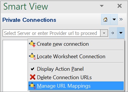 Het dropdownmenu van de knop 'Uitvoeren' waarin de optie 'URL-mapping beheren' is geselecteerd