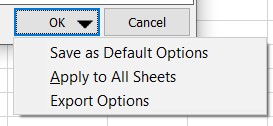 De opdrachten 'Opslaan als standaardopties', 'Toepassen op alle werkbladen' en 'Exportopties' die kunnen worden geopend door op de pijl op de knop 'OK' te klikken