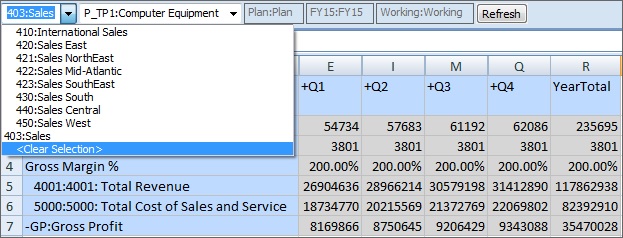 Dropdown-onderdeelselectie voor de dimensie Entiteit van een formulier Planning met de optie <Clear Selection> onder aan de onderdelenlijst.