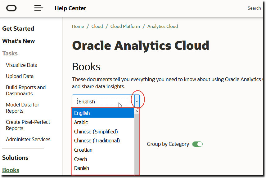 Separador Books para o Oracle Analytics