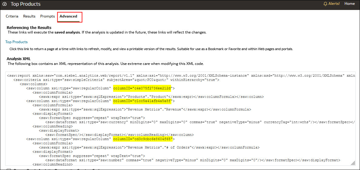 XML no separador Avançadas do editor de análises