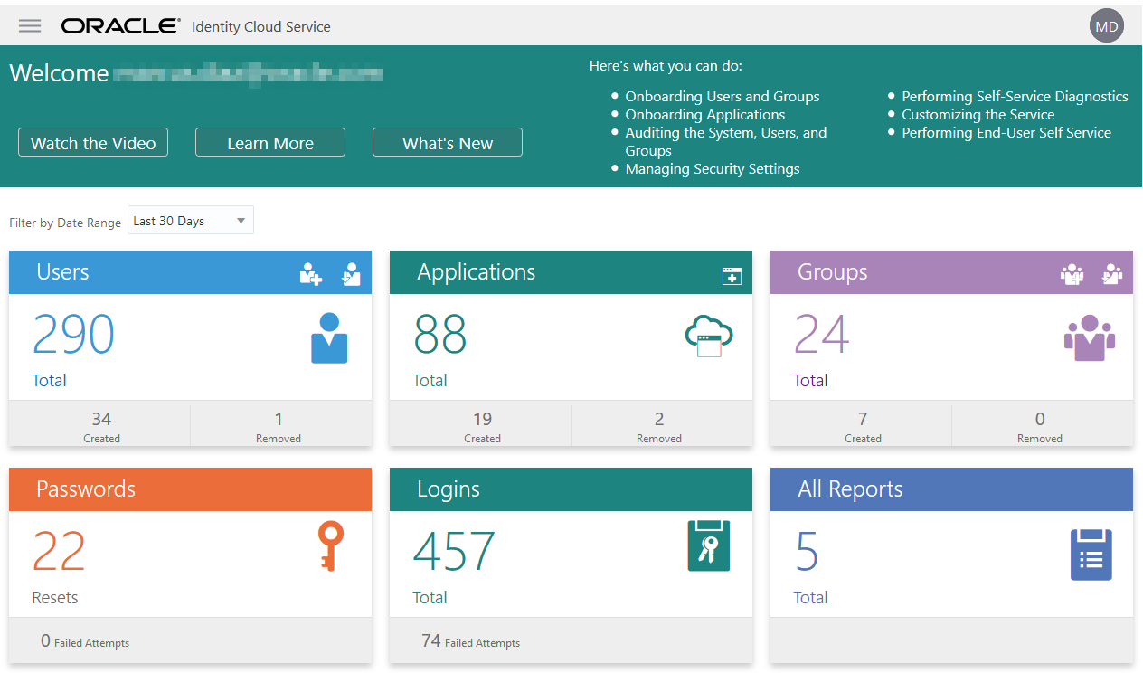 Dashboard do Identity Cloud Service