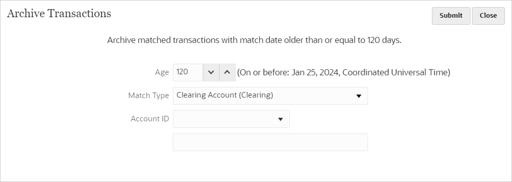 Especificação de Idade ao arquivar transações com correspondência
