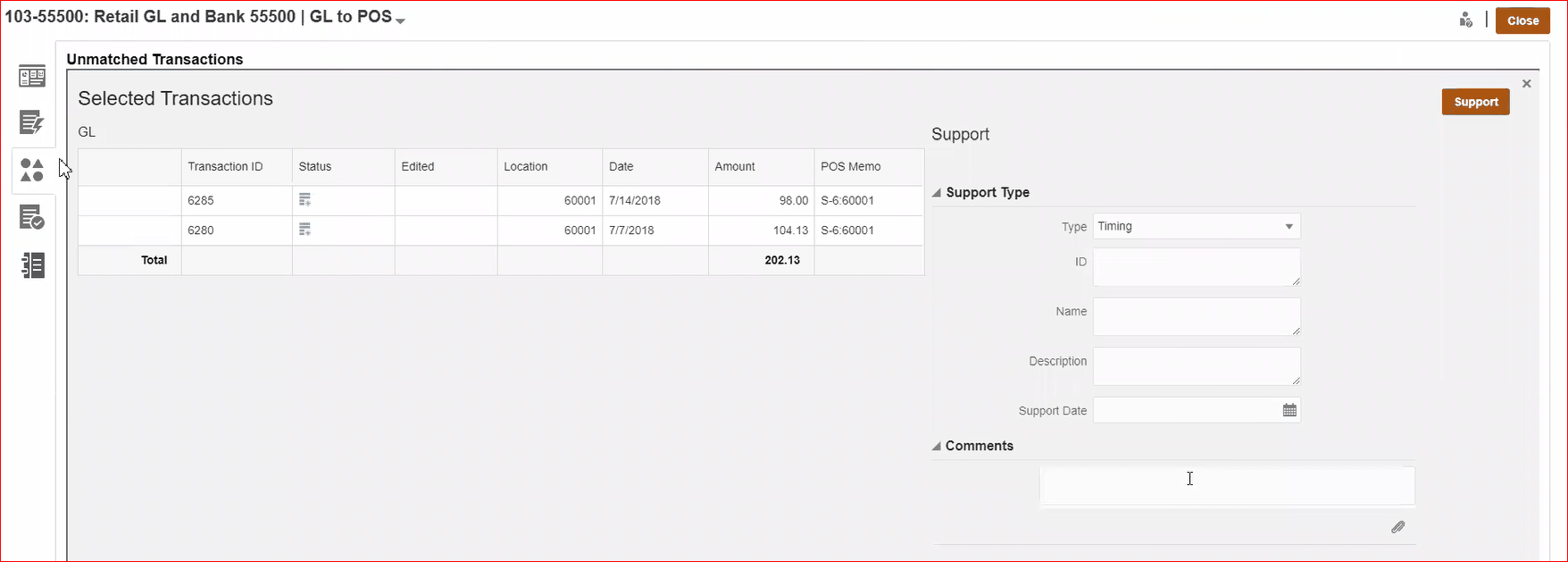 Detalhes de Suporte da Correspondência de Transações