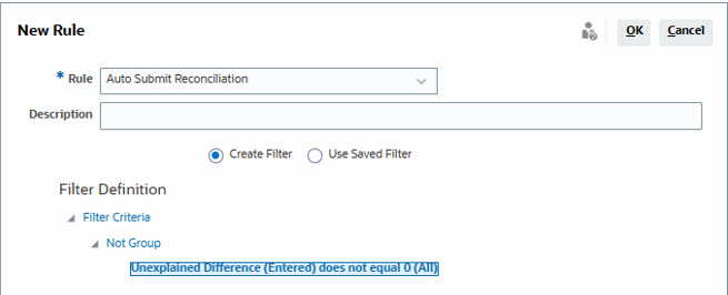 Este exemplo cria uma regra para enviar uma reconciliação automaticamente quando a diferença não explicada para todas as moedas for zero. Este exemplo cria uma regra para enviar uma reconciliação automaticamente quando a diferença não explicada para todas as moedas for zero.