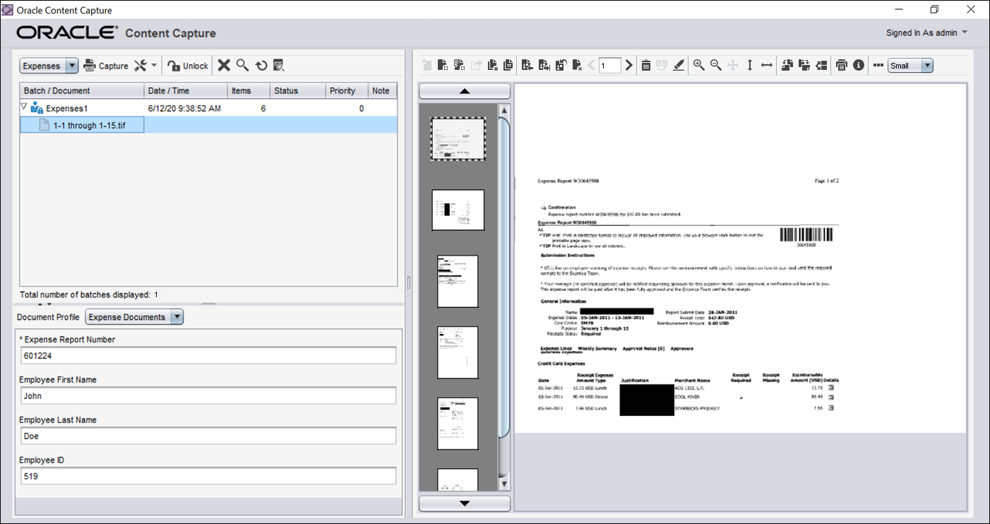 Mostra a interface do Content Capture Client com um documento aberto em um batch