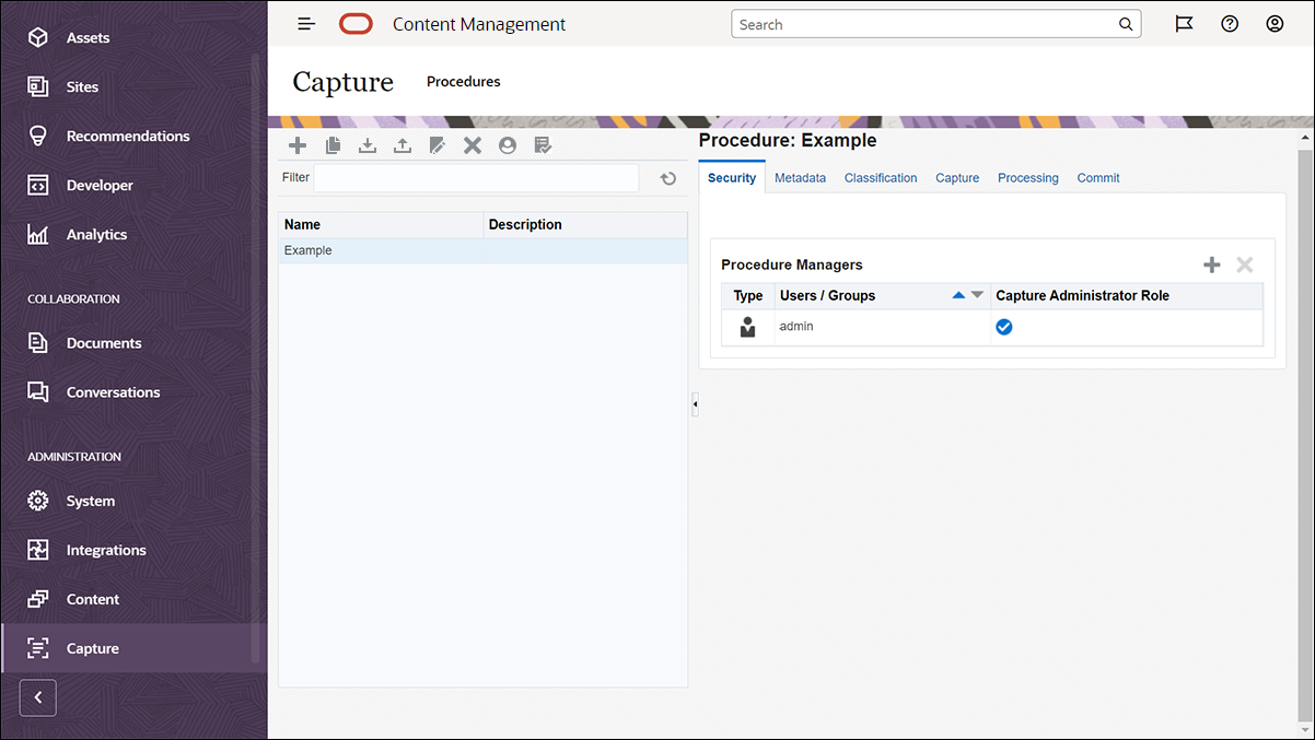 Mostra a página Procedimentos do Content Capture após a seleção de Capturar no painel de navegação do Oracle Content Management