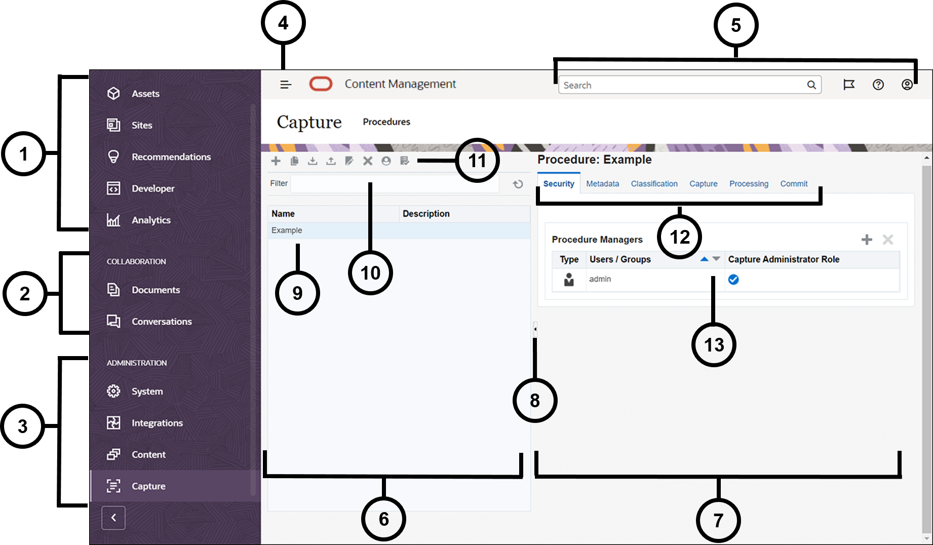 Identifica os elementos da interface de Procedimentos de Captura, designando números a esses elementos