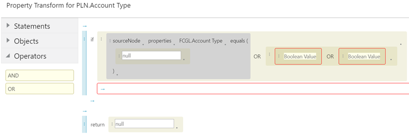 agora a expressão If contém "sourcenode properties FCGL Account Type equals"