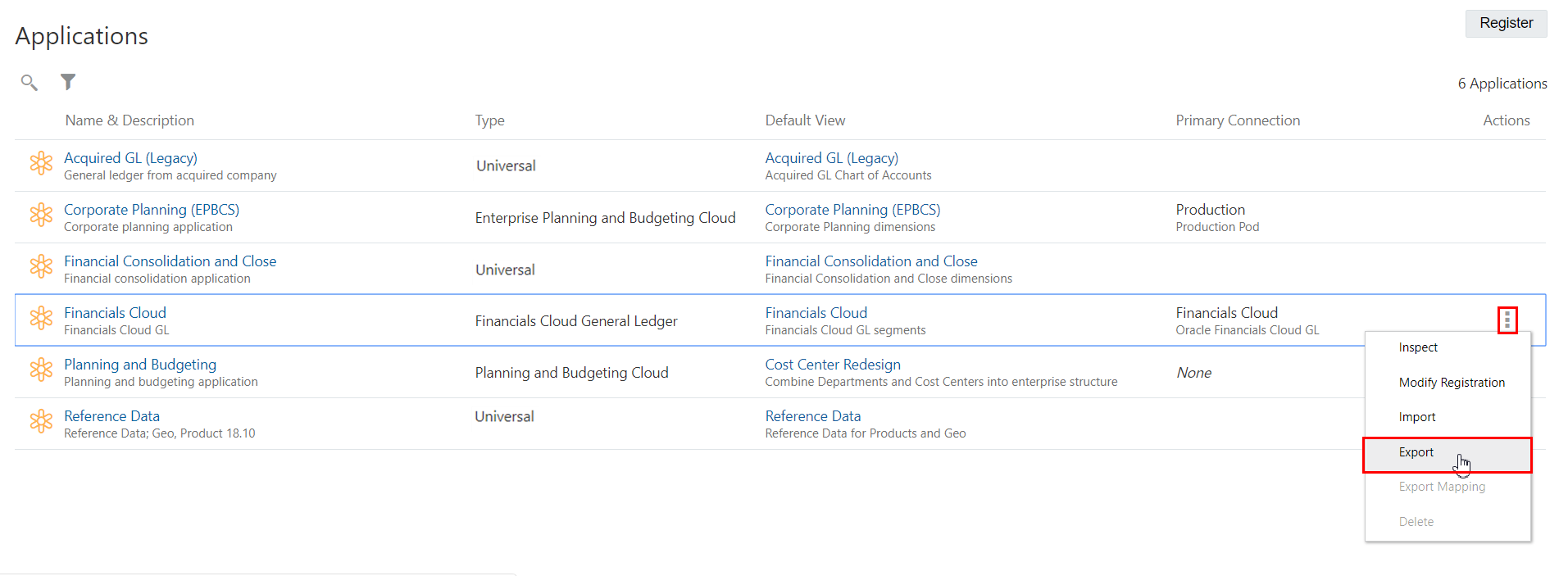 captura de tela mostra aplicativo Financials Cloud com botão Exportar destacado captura de tela mostra aplicativo Financials Cloud com botão Exportar destacado