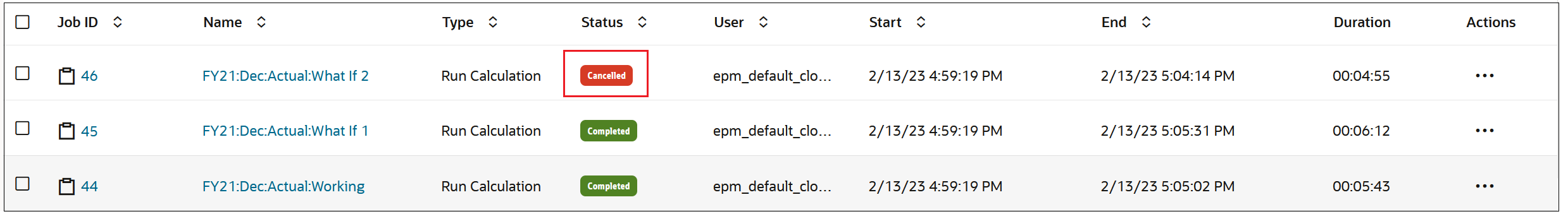 Console de Jobs mostrando um job com um status Cancelado