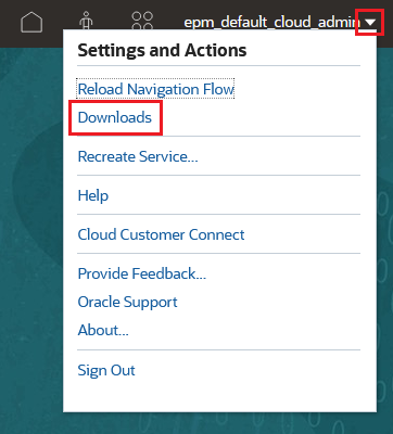 Menu suspenso Configurações e Ações com Downloads selecionado