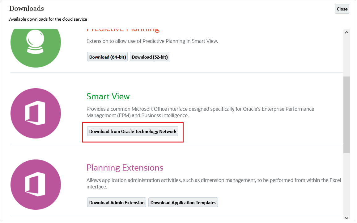 Página Downloads com Smart View selecionado