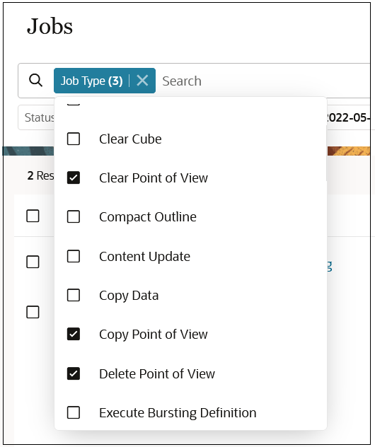 Console de jobs com o job de Ponto de Vista destacado na lista suspensa Tipo do Job