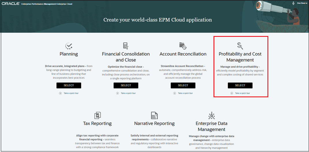 Página de destino com o Profitability and Cost Management selecionado